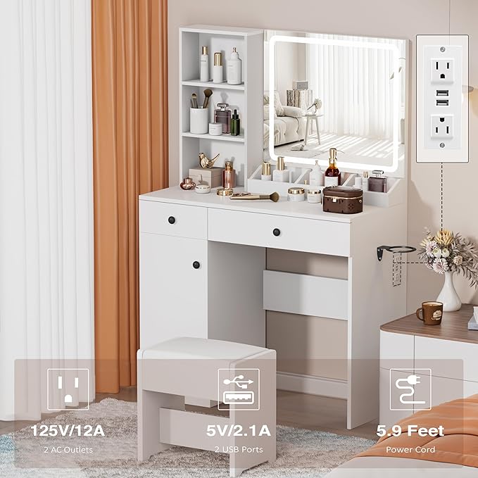KAMABOKO Vanity Desk with Lighted and Mirror, White Makeup Table with Drawers and Charging Station, 3 Model Adjustable for Bedroom & Dressing Room (007 White)