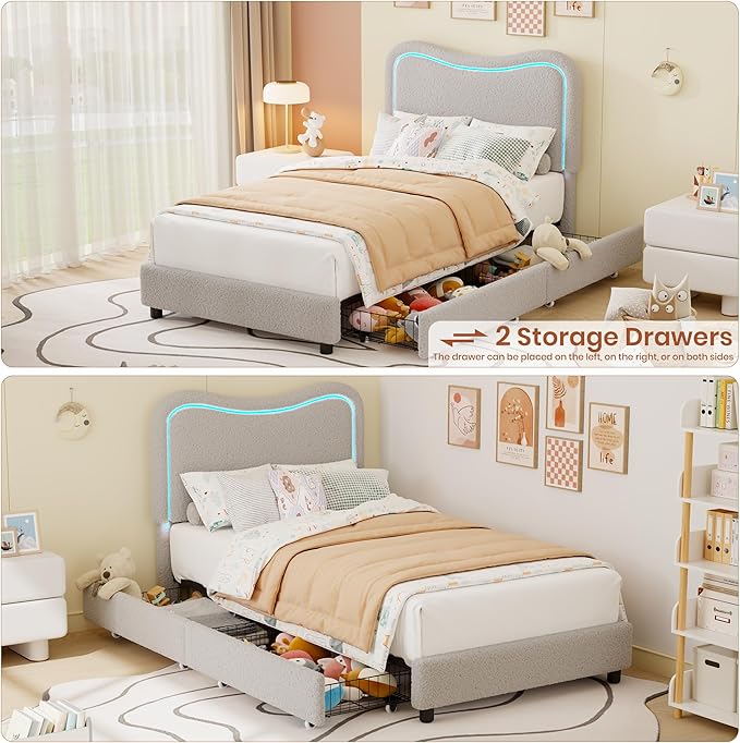 GarveeHome Upholstered LED Twin Bed Frames for Kids with 2 Drawers and Headboard, Cute Twin Bed with Storage for Girls, Boys, Sturdy Platform Bed, No Box Spring Needed, Wooden Slats, Noise Free, Grey