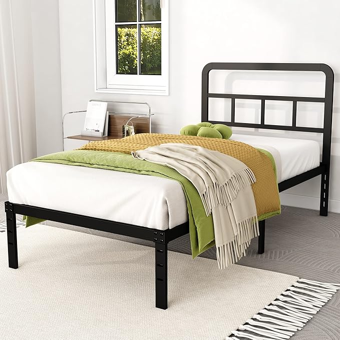 DiaOutro Metal Platform Twin Bed Frames with Headboard, 14 Inch No Box Spring Needed Heavy Duty Steel Slat Mattress Foundation/Easy Assembly/Noise Free/Black