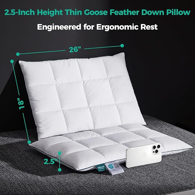 Three Geese Ultra Thin Flat Goose Down Feather Pillows for Sleeping Standard Size, 2.5" Height, 100% Cotton Cover, Ultra Slim Hotel Collection Bed Pillow for Stomach, Back Sleeper, 18x26 in.