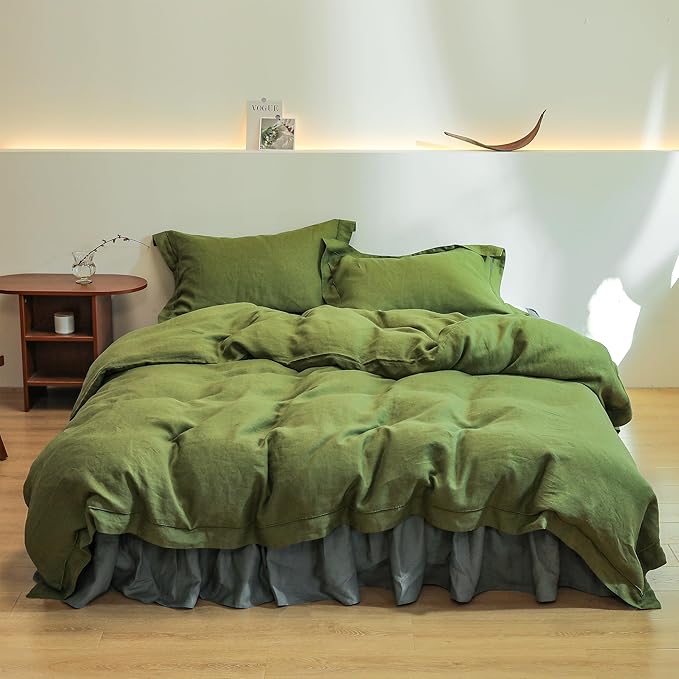 Simple&Opulence 100% Linen Duvet Cover Set with Embroidery Border Washed - 3 Pieces (1 Duvet Cover & 2 Pillow Shams) with Button Closure Soft Breathable Farmhouse - Olive, Queen Size