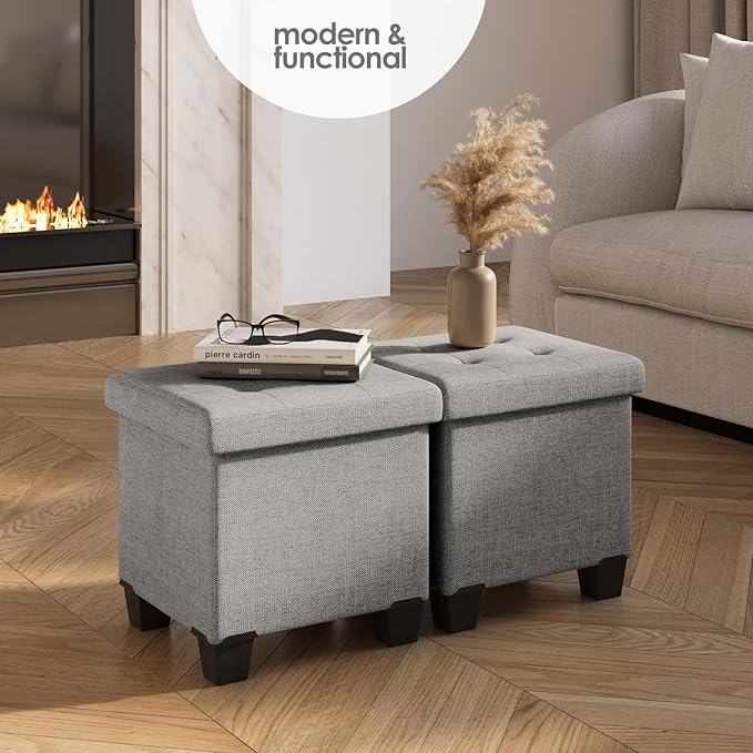 Storage Ottoman Cube with Small Bin, 15-in Square Ottoman with Storage for Living Room and Bedroom, Small Ottomans Foot Rest, Fabric Foot Stools Ottomans Max 330lbs, Light Grey