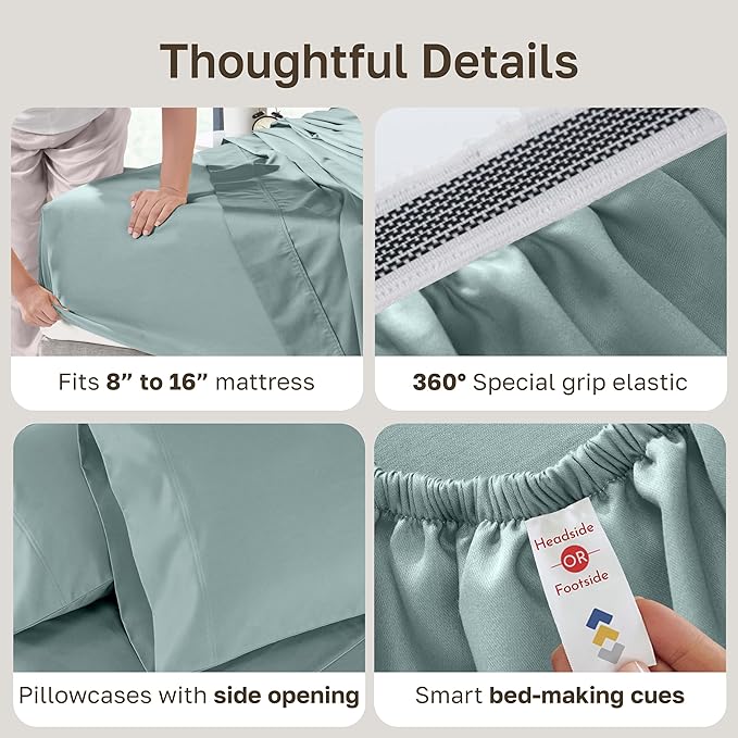 California Design Den Luxury Queen Size Sheets Set - Buttery Soft 800 Thread Count 100% Cotton Sateen, Durable Deep Pocket Sheet Set - Soft Celadon