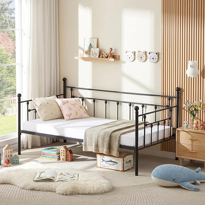 VECELO Daybed Frame, Twin Size Metal Platform Bed with Headboard,Heavy Duty Steel Slats Support for Living Room Bedroom Guest Room, Easy Assembly