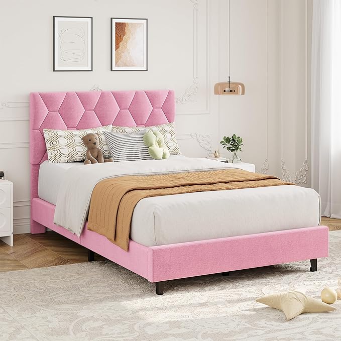 GarveeHome Twin Size Platform Bed Frame with Upholstered Headboard and Wooden Slats Support, Velvet Upholstered Mattress Foundation/No Box Spring Needed/Easy Assembly, Pink