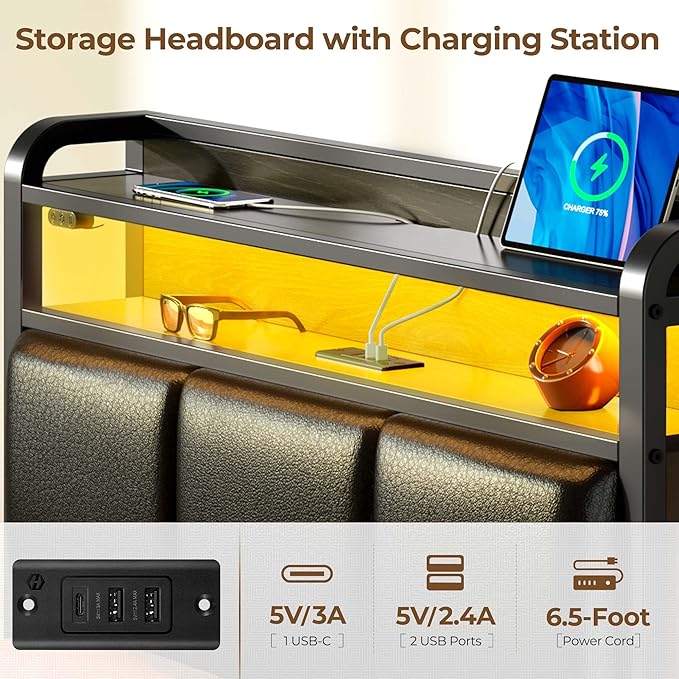 Rolanstar Bed Frame Twin Size with Charging Station and LED Lights, PU Leather Headboard with Storage Shelves, Heavy Duty Metal Slats, No Box Spring Need, Noise Free, Easy Assembly, Black