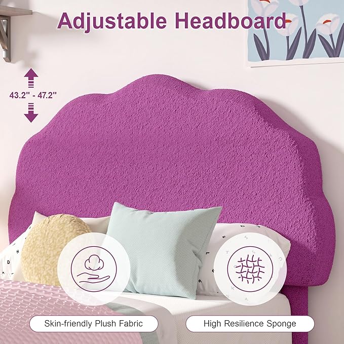 VECELO 2 Set Twin Size Bed Frame, Upholstered Platform Bedframe with Height Adjustable Plush Fabric Headboard, Strong Wood Slat Supports, No Box Spring Needed, Purple