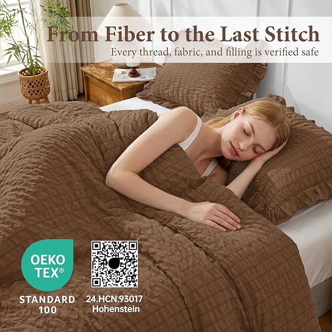 JOLLYVOGUE Queen Comforter Set, 3 Pieces Oak Brown Seersucker Comforters Queen Size, Lightweight & Fluffy Bedding Sets for All Season with 1 Ruffle Comforter and 2 Ruffle Pillowshams