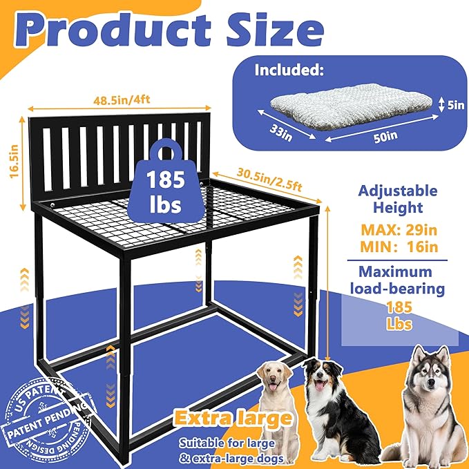 Heavy Duty Dog Bunk Bed, Adjustable Height Metal Dog Bed Frame with Wooden Side Panels & Washable Cushions, Elevated Raised Pet Bed for Large Dogs, 48.5''x 30.5''