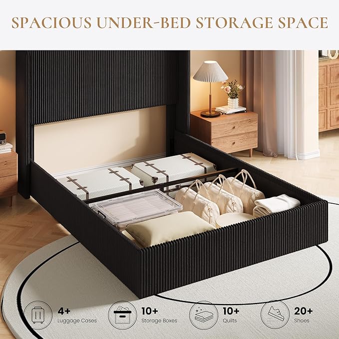SHA CERLIN Full Size Lift Up Storage Bed Frame, Modern Upholstered Wingback Headboard, Hydraulic Support & Underneath Storage, Soft Corduroy Fabric Platform Bed, No Box Spring Needed, Black