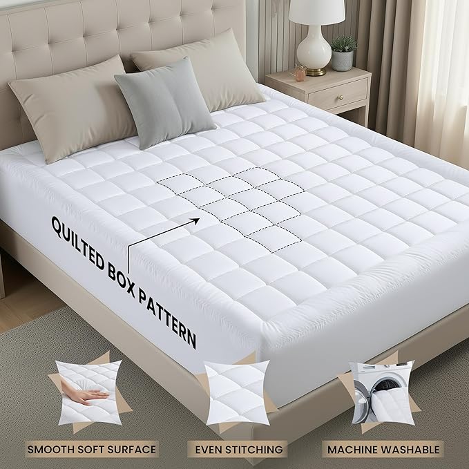 Utopia Bedding Queen Mattress Pad, Quilted Fitted Premium Mattress Protector, Deep Pocket Cover Stretches up to 16 Inches, Fluffy Pillow Topper (60x80 Inches, White)
