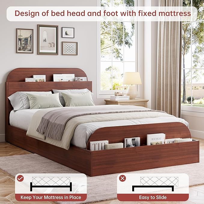 Garvee Twin XL Size Bed Frame with Storage Headboard and Raised Footboard – Wooden Twin-Floor Low Platform Bed for Kids, Heavy Duty & Noise Free, No Box Spring Needed, Espresso