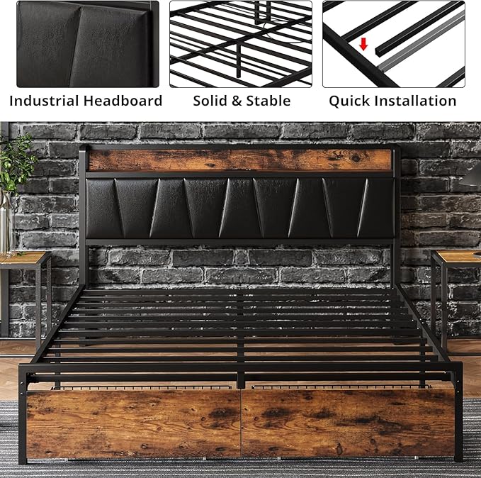 LIKIMIO Full Size Bed Frame, Storage Headboard with Charging Station, Platform Bed with Drawers, No Box Spring Needed, Easy Assembly, Industrial Brown and Black
