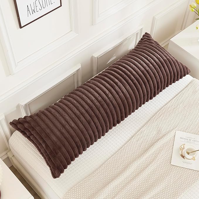 JAUXIO Faux Fur Fluffy Body Pillow Cover Luxury Textured Vertical Stripe Plush Decorative Body Pillowcase, Ultra Soft and Cozy Zipper Closure 21 x 54 Inches, Brown