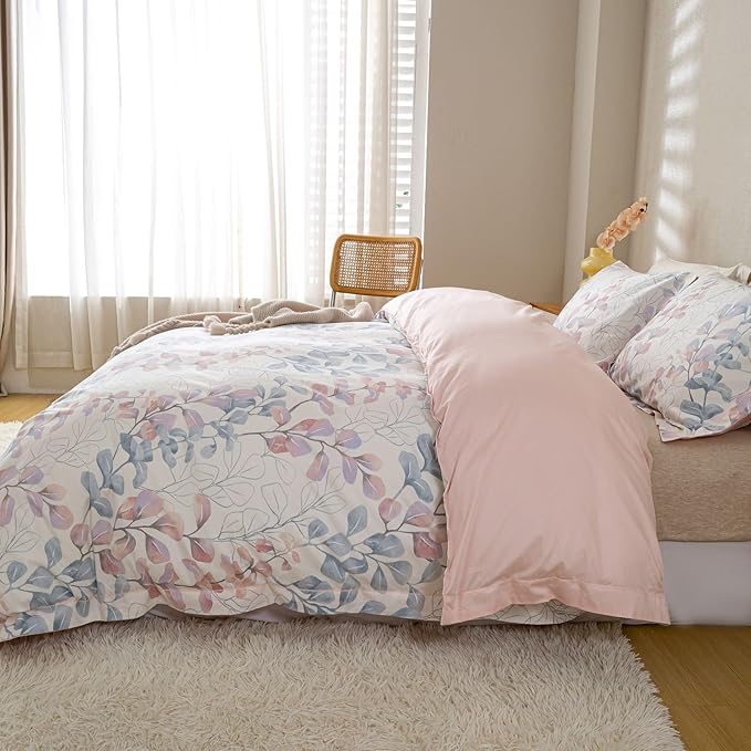 OAITE Duvet Cover Set Queen Size Floral Pattern Ultra Soft 100% Cotton Duvet Cover Sets 3-PC, Breathable Duvet Cover with Zipper Closure & Corner Ties(2 Pillow Shams,1 Duvet Cover)