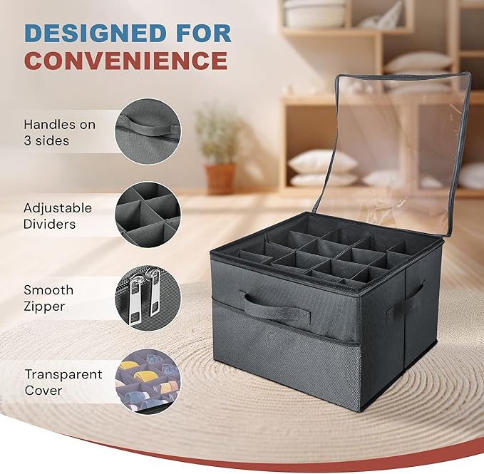 Under Bed Shoe Storage Organizer 16 Compartment, Foldable Shoe Organizer Under Bed with Clear PVC Lid, Shoe Storage Box with Zipper & Handle for Closet Bedroom, Grey, Pack of 2