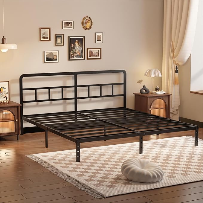 Husleephu California King Bed Frame with Headboard, 12 Inch Heavy Duty Metal Platform Cal King Bed Frame, No Box Spring Needed, Noise Free, Easy Assemble, Black
