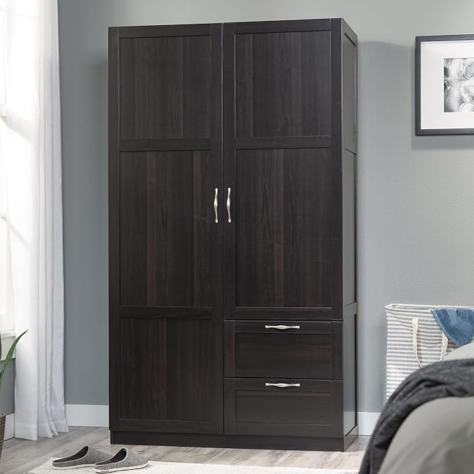 Sauder Select Multipurpose Bedroom Armoire Wardrobe Closet Pantry Storage Cabinet with Storage Drawers and Hanging Rail, in Cinnamon Cherry