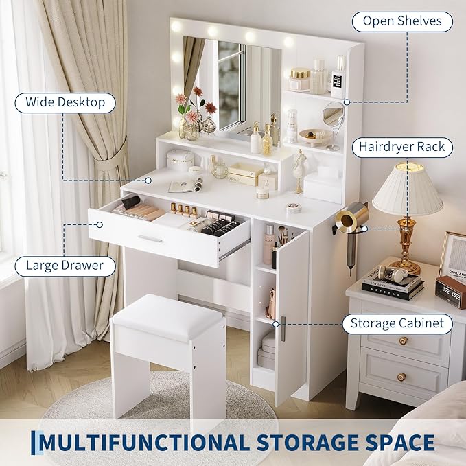 Garvee Vanity Desk with Mirror and Light, Makeup Dressing Table with Large Drawers and 3-Level Storage Dresser, 3 Lighting Modes Adjustable Brightness, Modern Vanity Set for Bedroom, White