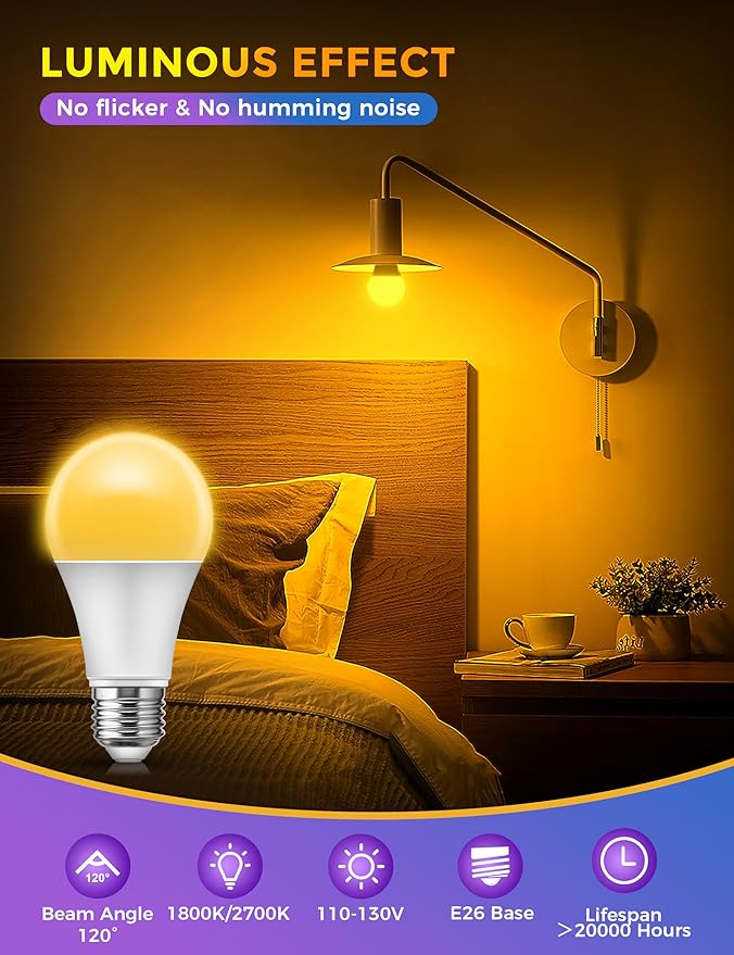 JandCase Warm Light Bulbs, LED Amber Light Bulb for Sleep, 2700K & 1800K Sleep Light Bulbs, Blue Light Blocking, E26 A19 Warm Light for Bedroom, Nursery, 2 Pack