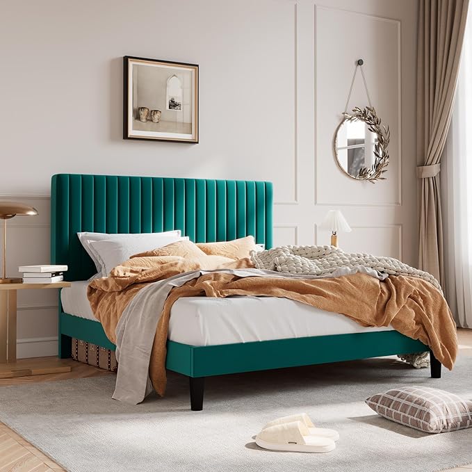 SHA CERLIN Full Upholstered Platform Bed Frame with Vertical Channel Tufted Velvet Fabric Adjustable Headboard, Wooden Slats Support, Mattress Foundation, Box Spring Optional, Teal