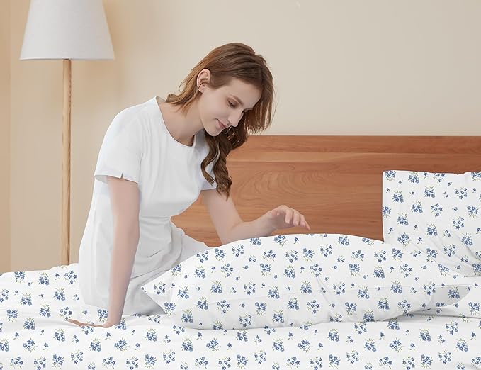 Sunflower King Pillowcases Set of 2, 100% Cotton King Size Pillow Cases 2, 20×40 inches Blue Posy, Soft and Breathable