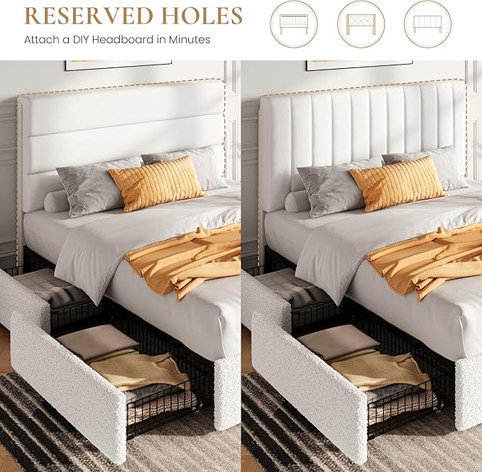 SHA CERLIN Boucle Queen Bed Frame with 4 Spacious Drawers, Platform Bed with Soft Teddy Fabric Upholstery, Sturdy Wooden Slats Support, No Box Spring Needed, Noise Free, Easy Assembly, White