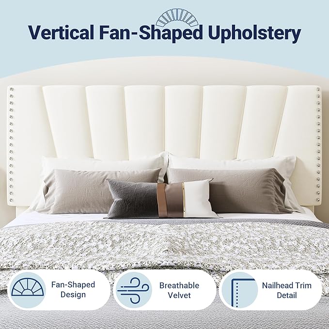 Allewie King Size Bed Frame with Adjustable Velvet Upholstered Headboard, Rivet-Style Nailhead Trim Detail Platform Bed Frame, Wooden Slat Support, No Box Spring Needed, Easy Assembly, Cream