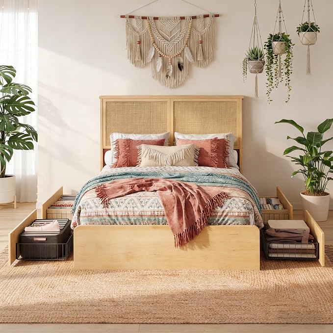 IDEALHOUSE Rattan Full Bed Frame with 4 Storage Drawer, LED Lights & Natural Rattan Headboard, Wood Full Size Bed Frame with Sturdy Wood Foundation, No Box Spring Needed, Natural