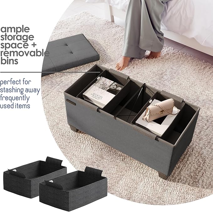 Storage Ottoman Bench with Bins, 30-in Storage Bench for Bedroom End of Bed, Folding Foot Rest Ottoman for Living Room Max 660lbs, Fabric Ottomans, Grey