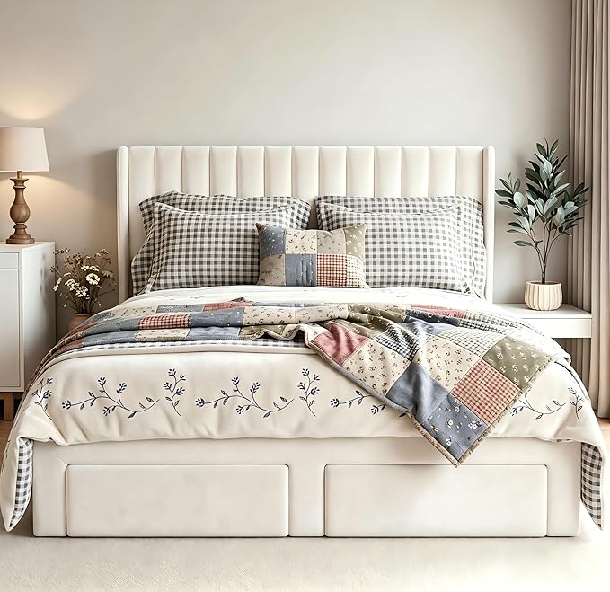 Garvee Queen Size Bed Frame, Velvet Upholstered Bed Frame with Wingback Headboard, 2 Storage Drawers, No Box Spring Needed, White
