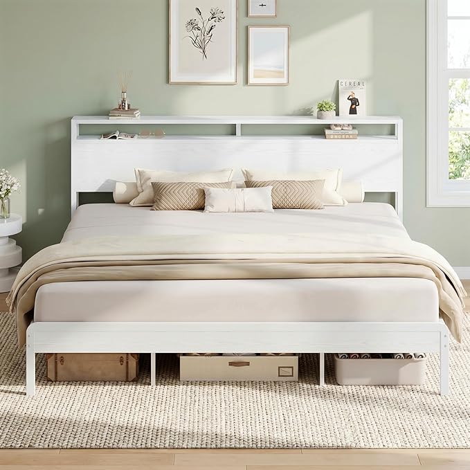 LIKIMIO King Bed Frame with Headboard, Wood Camas King with Strong Supports, Sturdy, Noise-Free, No Box Spring Needed, White