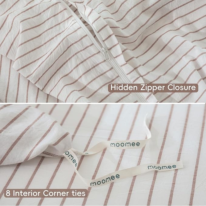 MooMee Striped Duvet Cover Set 100% Washed Cotton Linen Like Textured Breathable Durable Soft Comfy (White Orange Wide Stripes, Full 80"x90")