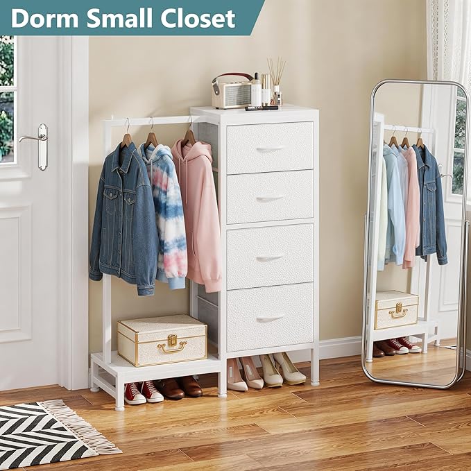 HIGDBFE Tall Dresser 44''H with Hanging Rack, 4 Drawers Small Closet Dresser for Bedroom, Reversible Fabric Chest of Drawers with Clothes Rack, Tall Storage Tower, Sturdy Frame, White