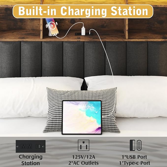 Lifezone Queen Bed Frame with Headboard, Queen Bed Frame with High Storage Bookcase Headboard, 4 Storage Drawers & Charging Station, No Box Spring Needed/Noise Free/All-Metal Support, Vintage Brown