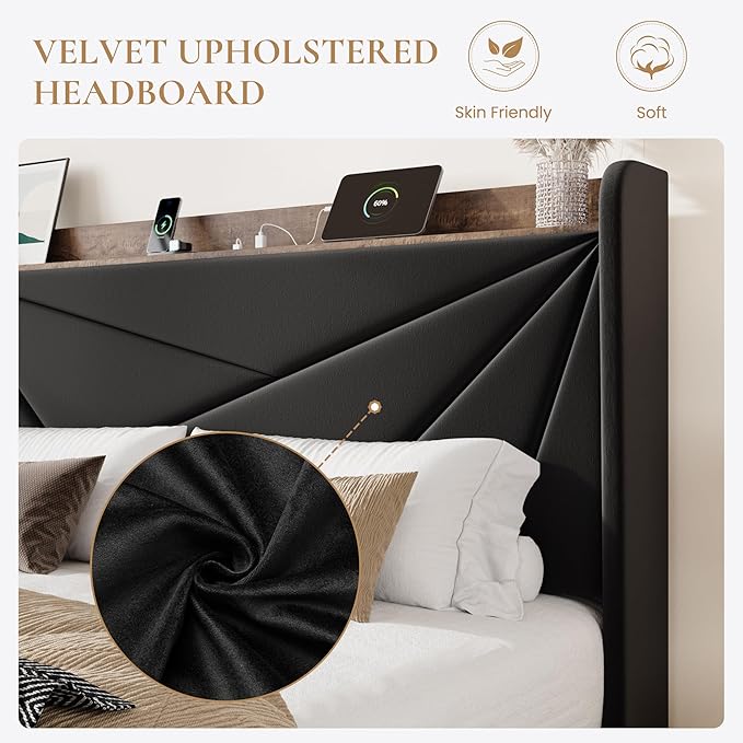 SHA CERLIN Queen Bed Frame with 3 Drawers, USB & Type-C Charging Ports, Velvet Upholstered Platform Bed with Modern Geometric Wingback Storage Headboard, No Box Spring Needed, Easy Assembly, Black