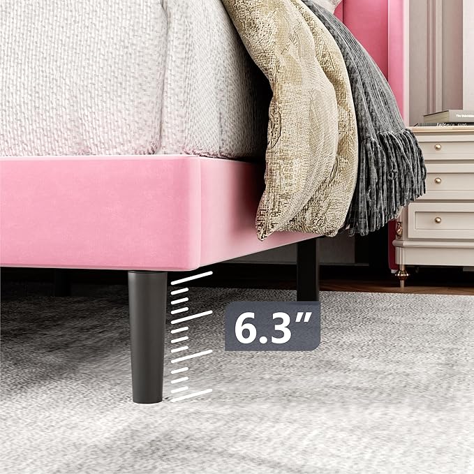 Gruwans King Size Bed Frame with Wingback Headboard, Upholstered Platform Bed, No Box Spring Needed, Sturdy Wooden Slat Support, Easy Assembly, Pink