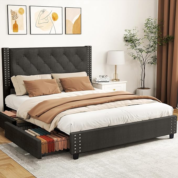 EVLIQUIL Bed Frame Full Size with 4 Storage Drawers, Upholstered Headboard & Frame, Sturdy Metal Frame & Wood Slats, Platform Bed Frame No Box Spring Needed, Easy Assembly, Black