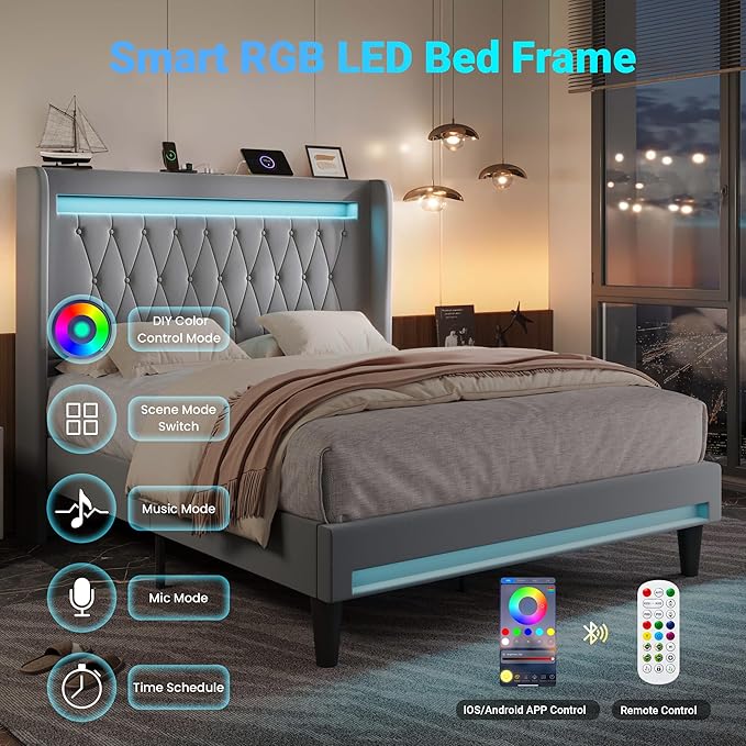 Allewie Upholstered Queen Size Platform Bed Frame with LED Light and Charging Station, Button Tufted High Headboard, Wingback Design, Noise Free, Easy Assembly, No Box Spring Needed, Grey