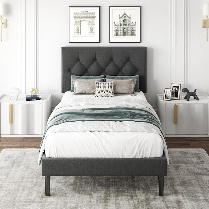 CXVX Twin Size Platform Bed Frame with Upholstered Headboard, Button Tufted Design, Strong Wooden Slats, No Box Spring Needed, Easy Assembly, Noise Free