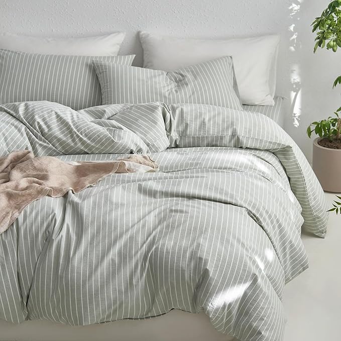 MooMee Striped Duvet Cover Set 100% Washed Cotton Linen Like Textured Breathable Durable Soft Comfy (Sage Green White Wide Stripes, Twin 68"x90")
