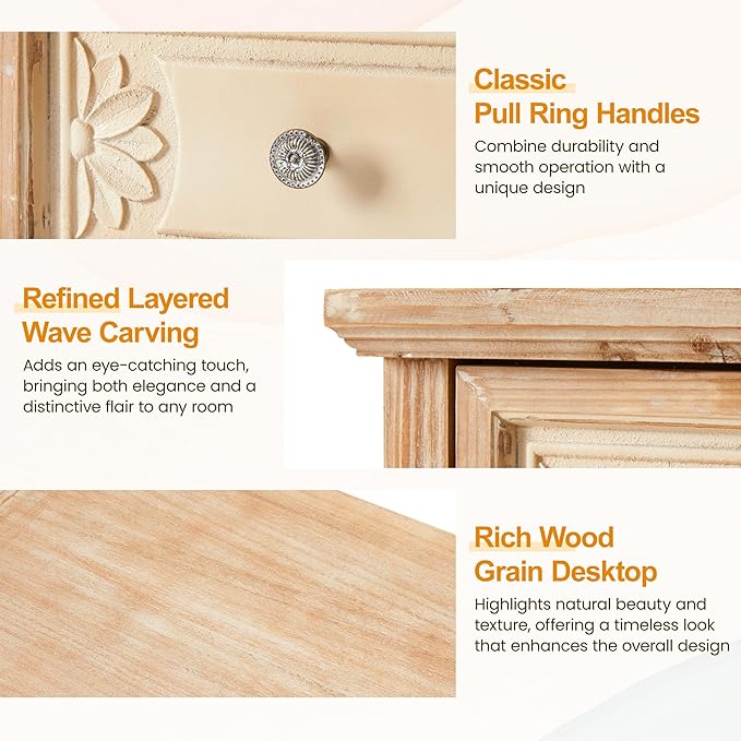 FansaFurn 3 Drawer Dresser with Pattern Carved Drawers, Vintage 3 Chest of Drawers for Bedroom, Wooden 3 Drawer Chest, Wide Nightstand, Large Side Table for Living Room, Natural