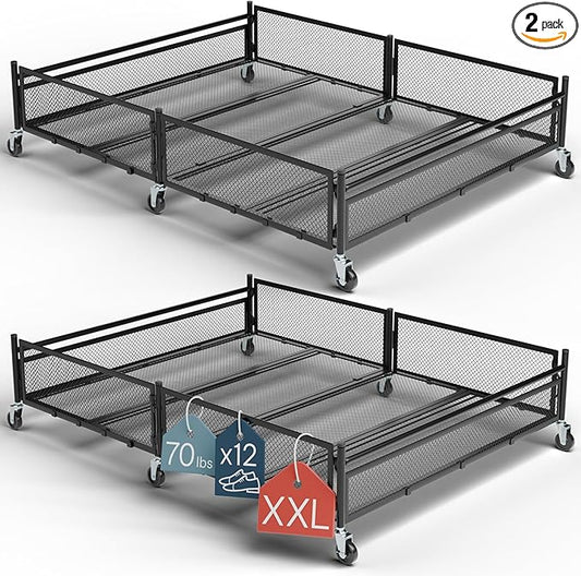 Under Bed Storage with Wheels – Heavy Duty Large Metal Storage Container (70lb load), Low Profile Rolling Organizer with Removable Rubber Wheels, Easy Access for Clothes, Shoes & Blankets (pack of 2)