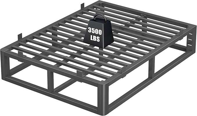 14 Inch Full Size Bed Frame with Rounded Corner and Headboard Hole, Metal Platform Bed Frames 6 Non-Slip Guards, 3500lbs Heavy Duty Steel Slat Support, Squeak Free, No Box Spring Needed, Black
