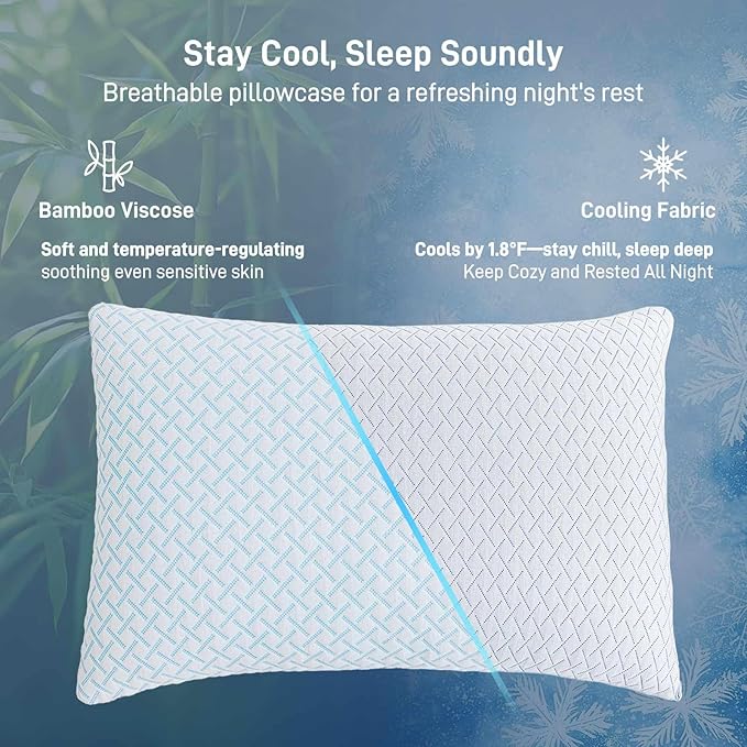 Alkyonos Shredded Memory Foam Cooling Medium Soft Bamboo Viscose Pillows Queen Size Set of 2, Adjustable Hypoallergenic Hotel Quality Pillows for Back, Stomach and Side Sleeper, Oeko-TEX Certified