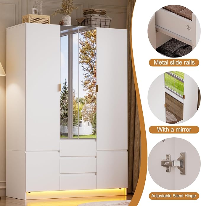 PAKASEPT 4 Doors Armoire Wardrobe Closet with Led Light & Mirror, Bedroom Large Capacity Freestanding Armoire Wardrobe with Drawers, Storage Cabinet with Hanging Rod Storage Closet for Bedroom