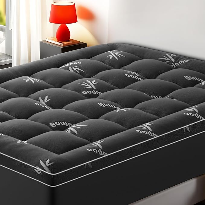 Mattress Topper Full Size, Cooling Extra Thick Breathable Viscose Made from Bamboo Mattress pad, Soft Quilted Fitted Mattress Cover with 1000 GSM Down Alternative Fill (8-21”Deep Pocket) Dark Gray