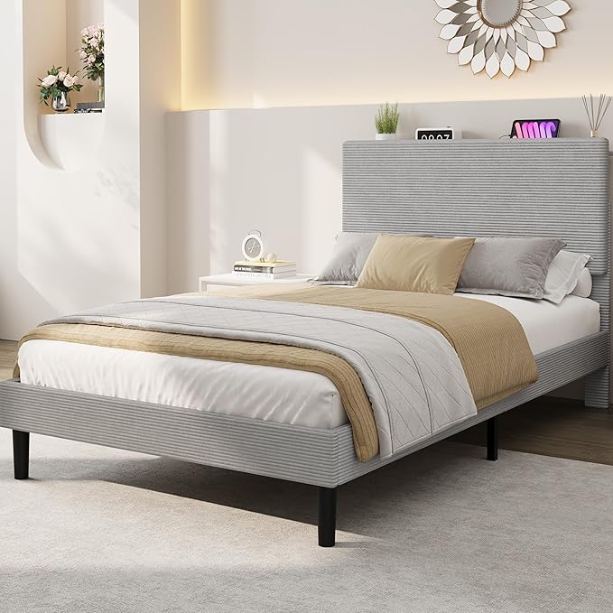 IDEALHOUSE Twin Size Bed Frame, Platform Bed with Adjustable Corduroy Upholstered Storage Headboard and Charging Station, Sturdy Metal Support, Noise Free, Easy Assembly, Gray
