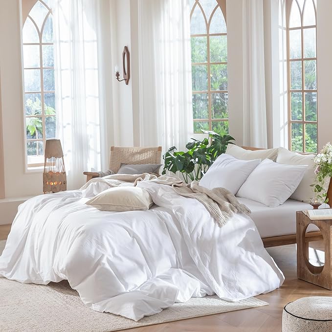 MooMee Bedding Duvet Cover Set 100% Washed Cotton Linen Like Textured Breathable Durable Soft Comfy (Solid Bright White, Oversized Queen 98"x98")