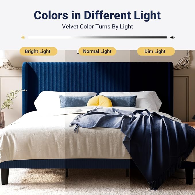 Allewie King Size Bed Frame with Upholstered Wingback Headboard, Vertical Channel Tufted Corduroy Velvet Platform Bed, Strong Wooden Slats Support, No Box Spring Needed, Easy Assembly, Dark Blue